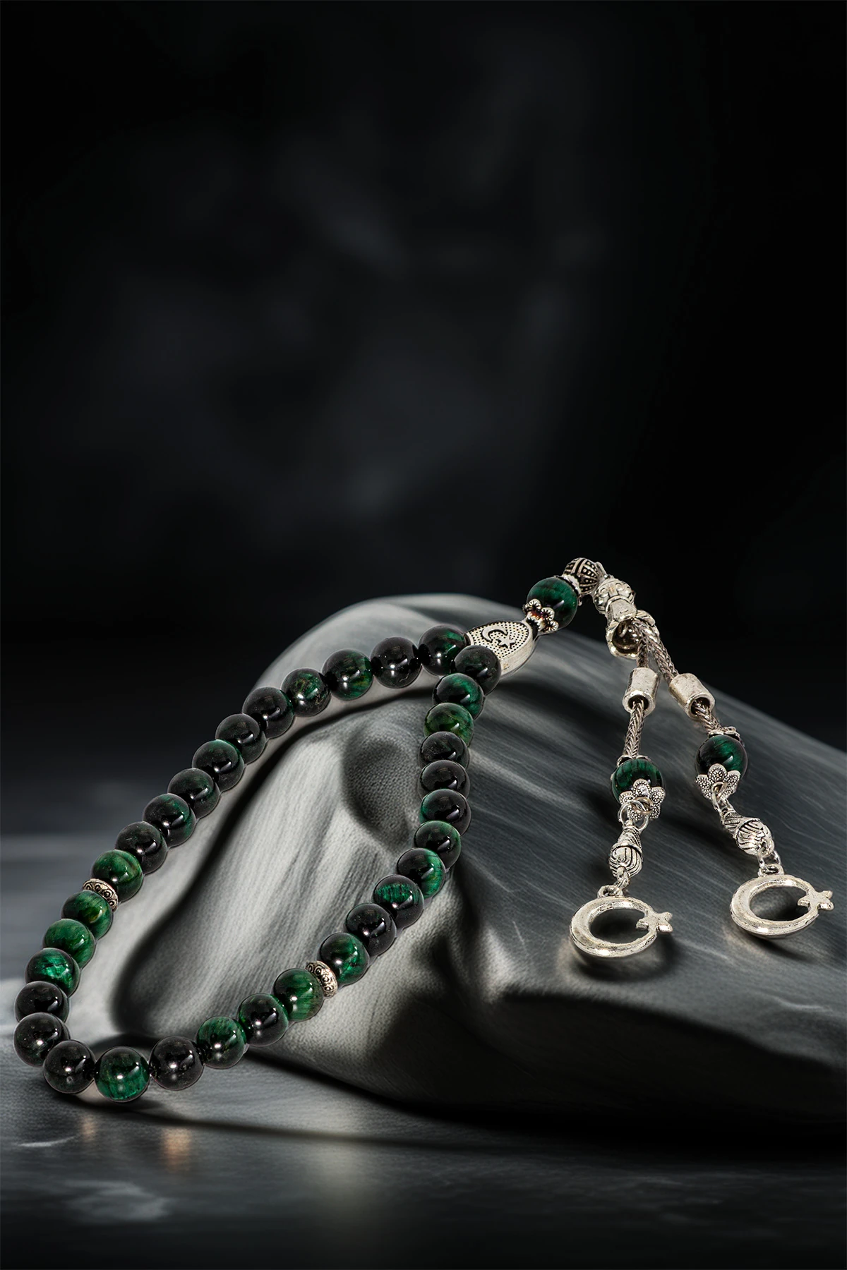 Erkek Doğal Taş Tespih - Doğal Haki Yeşili Kaplan Gözü Taşlı Ortaboy Tesbih