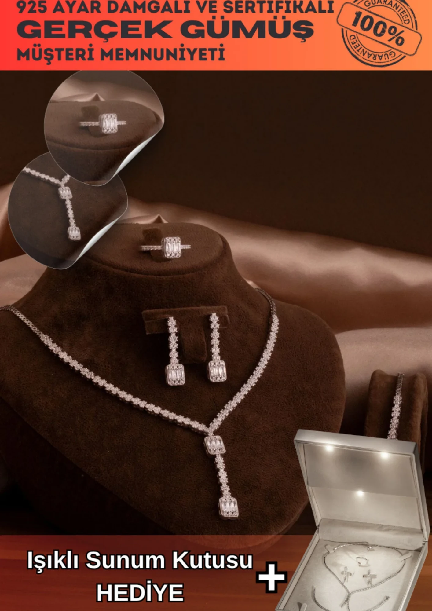 Kadın Gümüş Takı Seti - Ayfer Baget Taşlı Kare Model Kolye, Bileklik, Yüzük, Küpe Tam Set