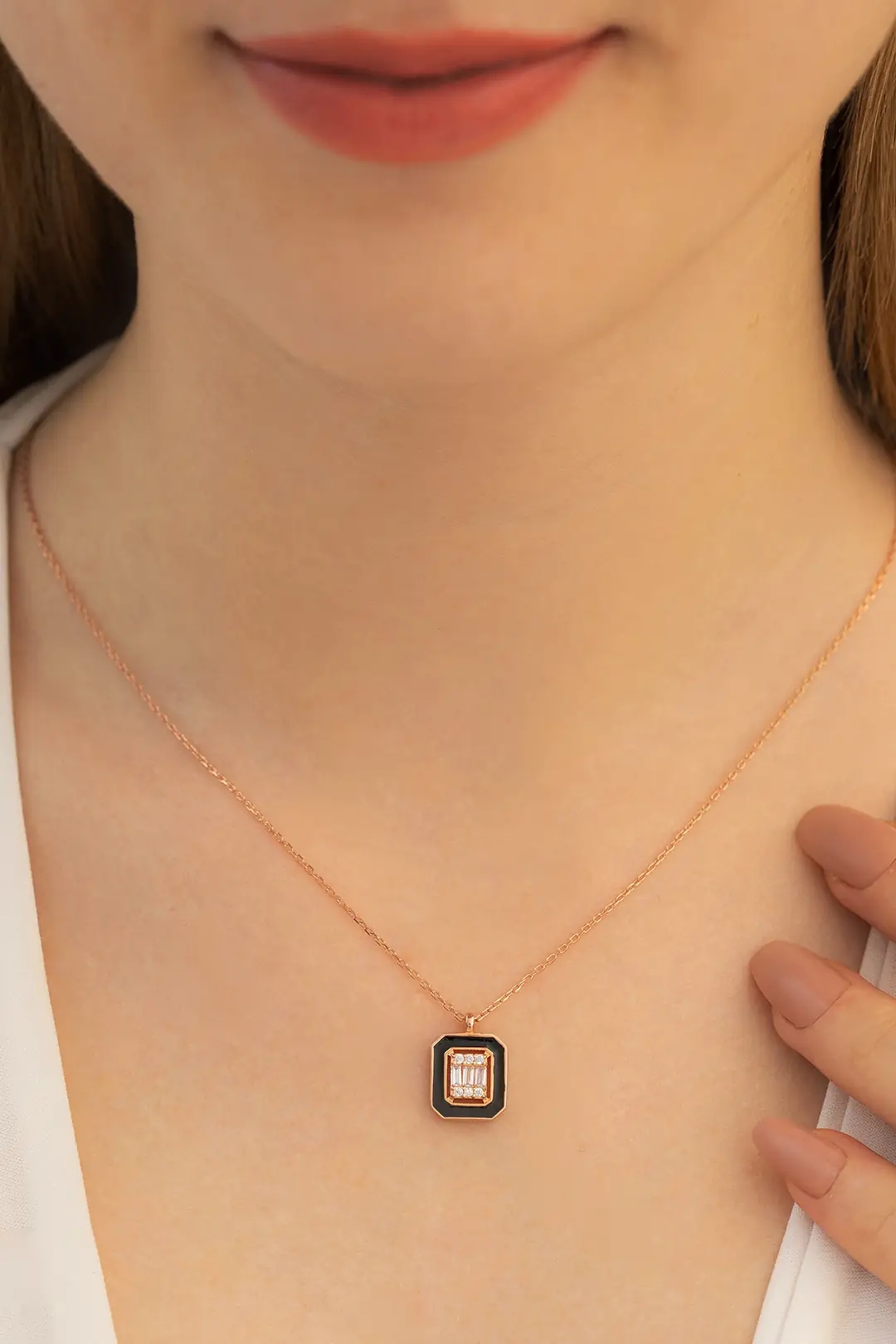 Square Baguette Stone-set 2 Women's Silver Necklace Chain GKLKRBGTM2D-ROS-Rose Bronze