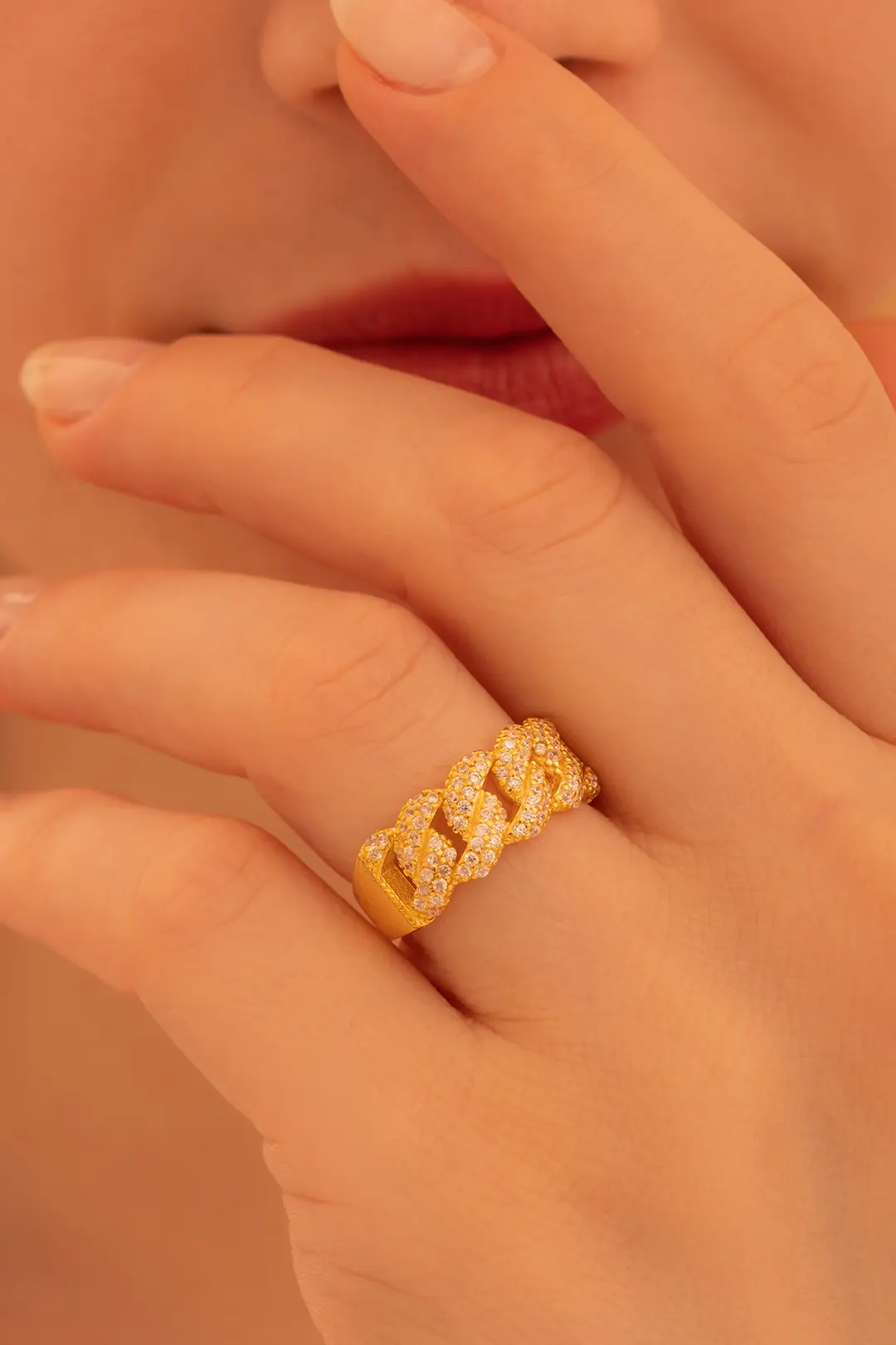 Women's Silver Ring 22 K Gerçek Gold Plated Stone-set Gourmette Silver Ring