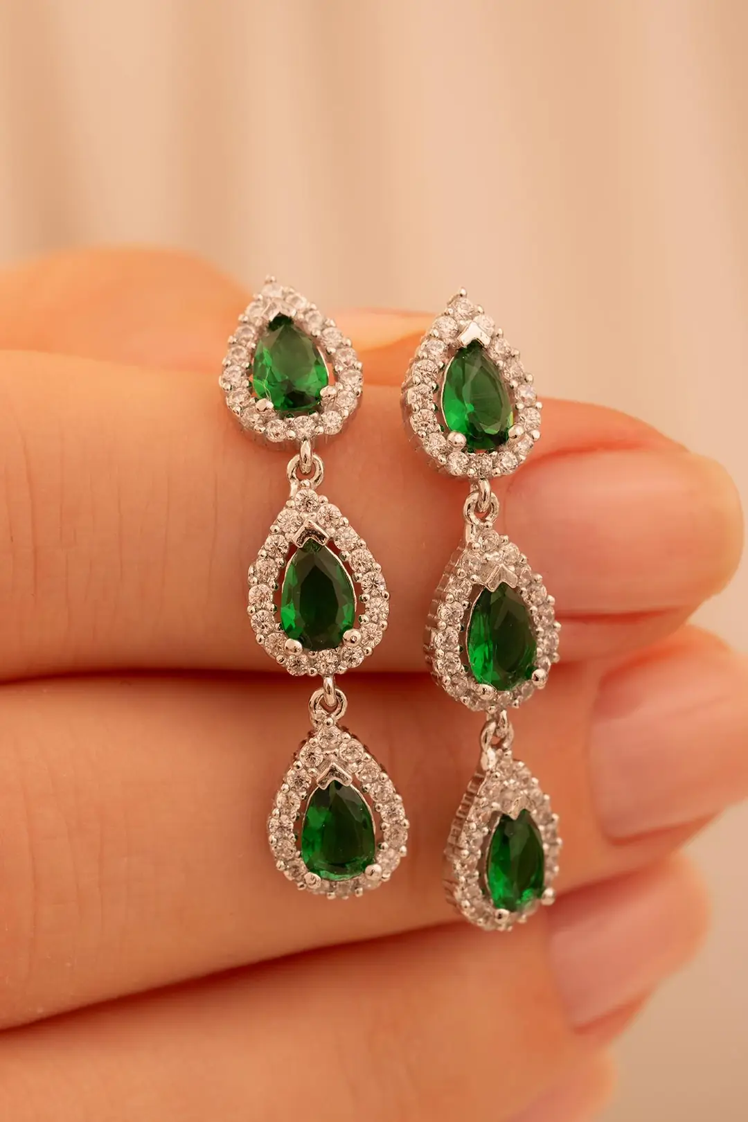 Women's Silver Earrings Sera Emerald Drop Stone-set 925 K Women's Earrings