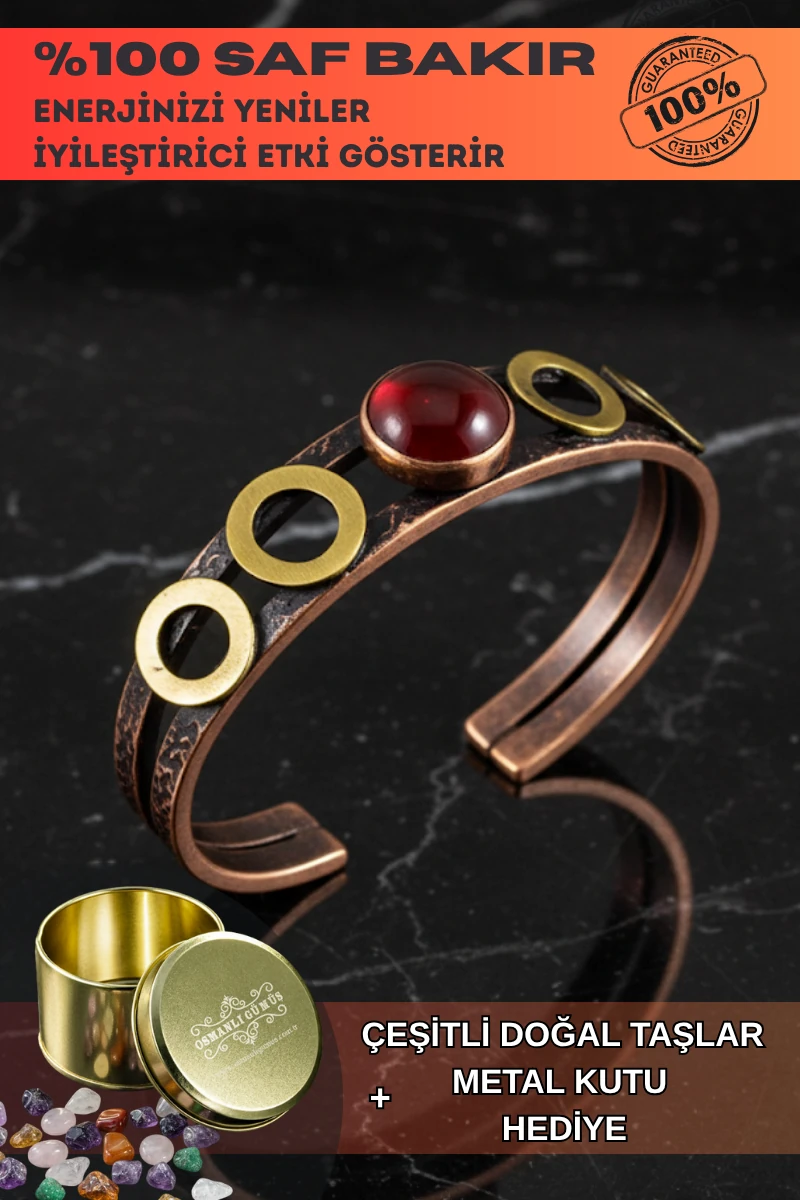 Kadın Bakır Bileklik - Kırmızı Akik Taş Halkalı Model Bakır Bilezik Metal Kutu Ve Doğal Taşlar