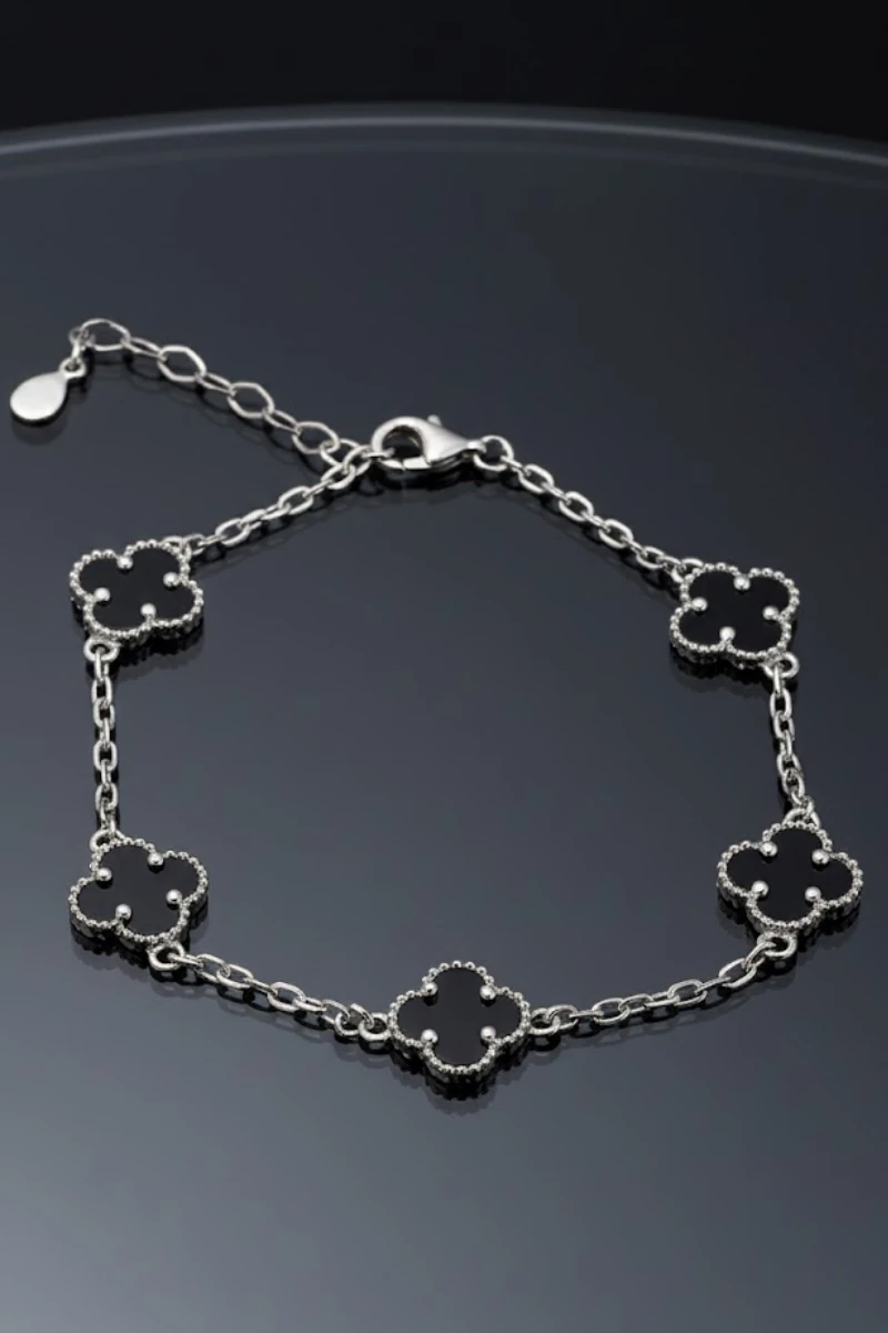 Kadın 925 Ayar Gümüş Siyah Oniks Taşlı Yonca Model Zincir Bileklik