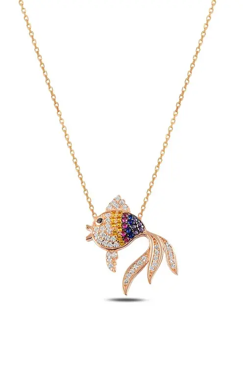Colored Stone-set Fish Women's Silver Necklace Chain