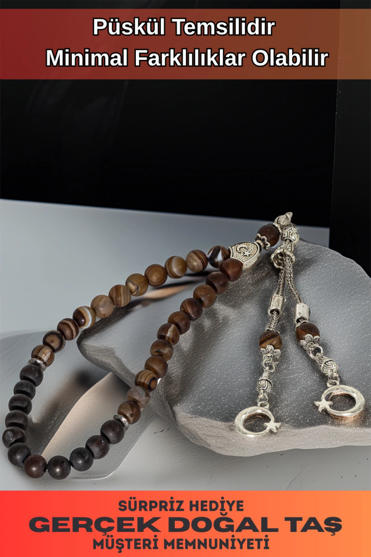 Erkek Doğal Taş Tespih - Doğal Kahverengi Akik Taşlı Ortaboy Tesbih