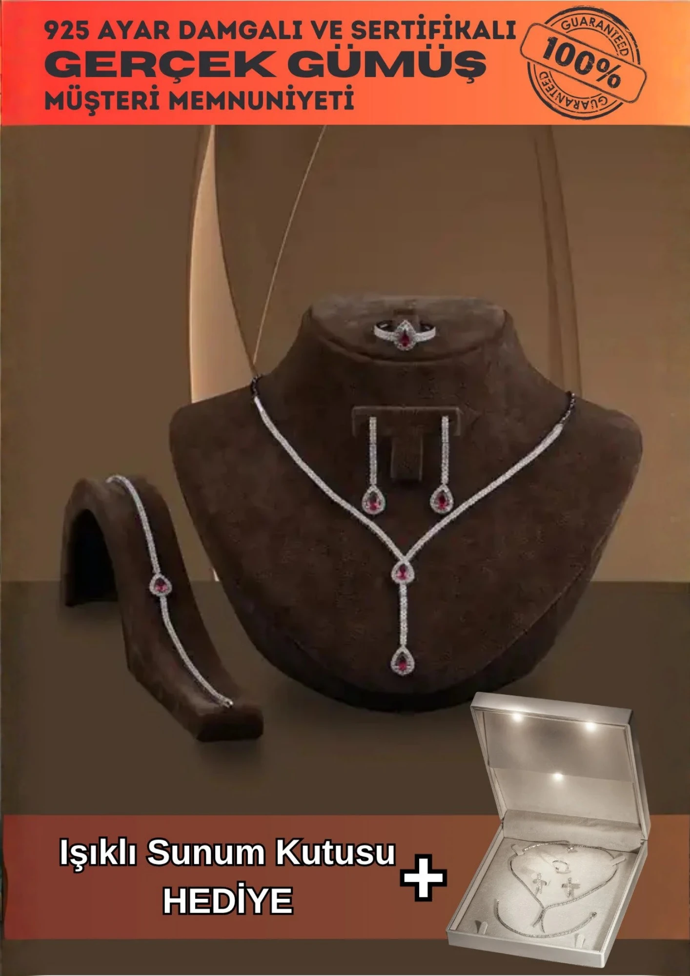 Ela Bayan Yakut Taşlı Gümüş Su Yolu Set - Kolye, Bileklik, Küpe, Yüzük