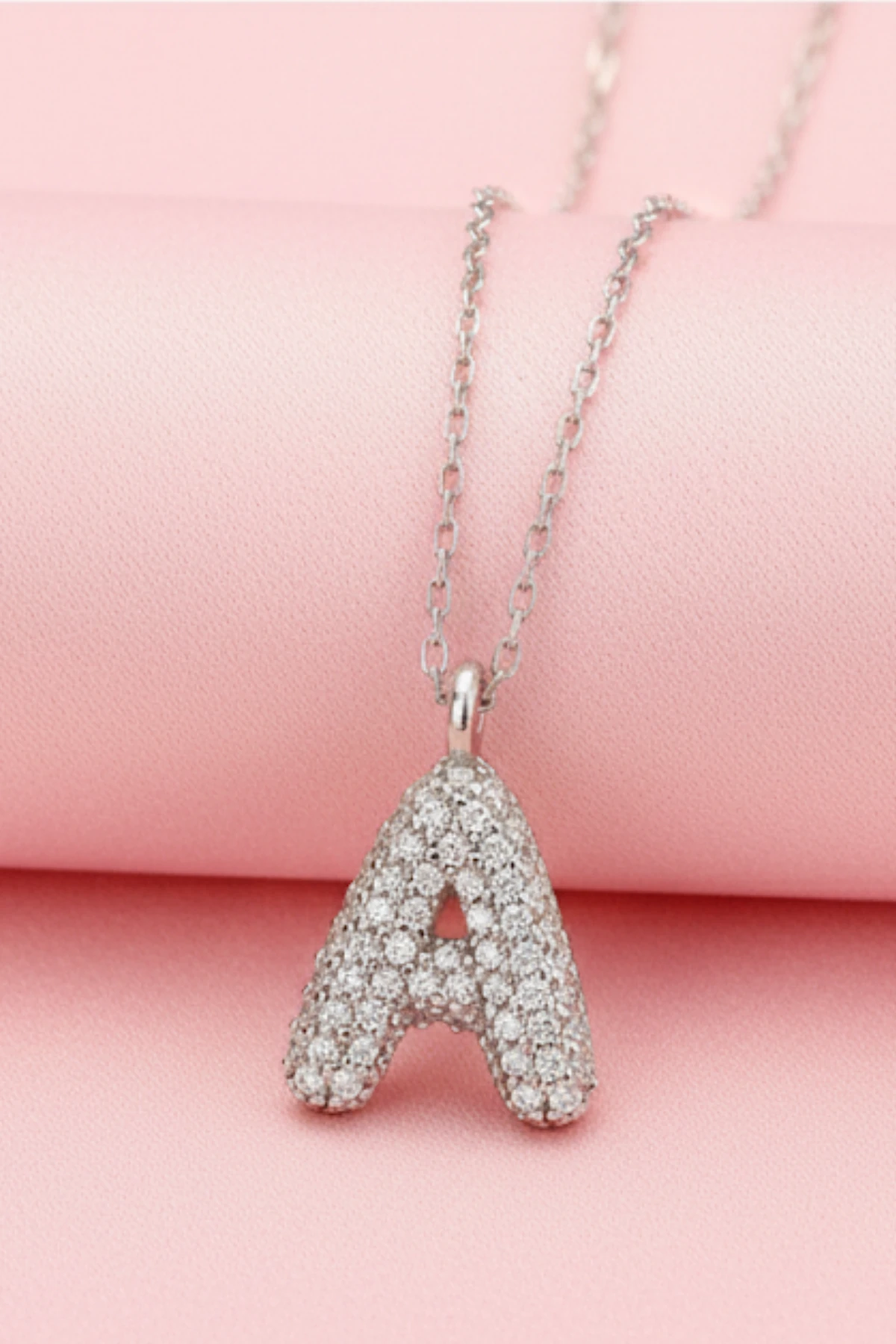 Kadın Gümüş Kolye - 925 Ayar Zirkon Taşlı Balon A Harfi Bayan Kolye