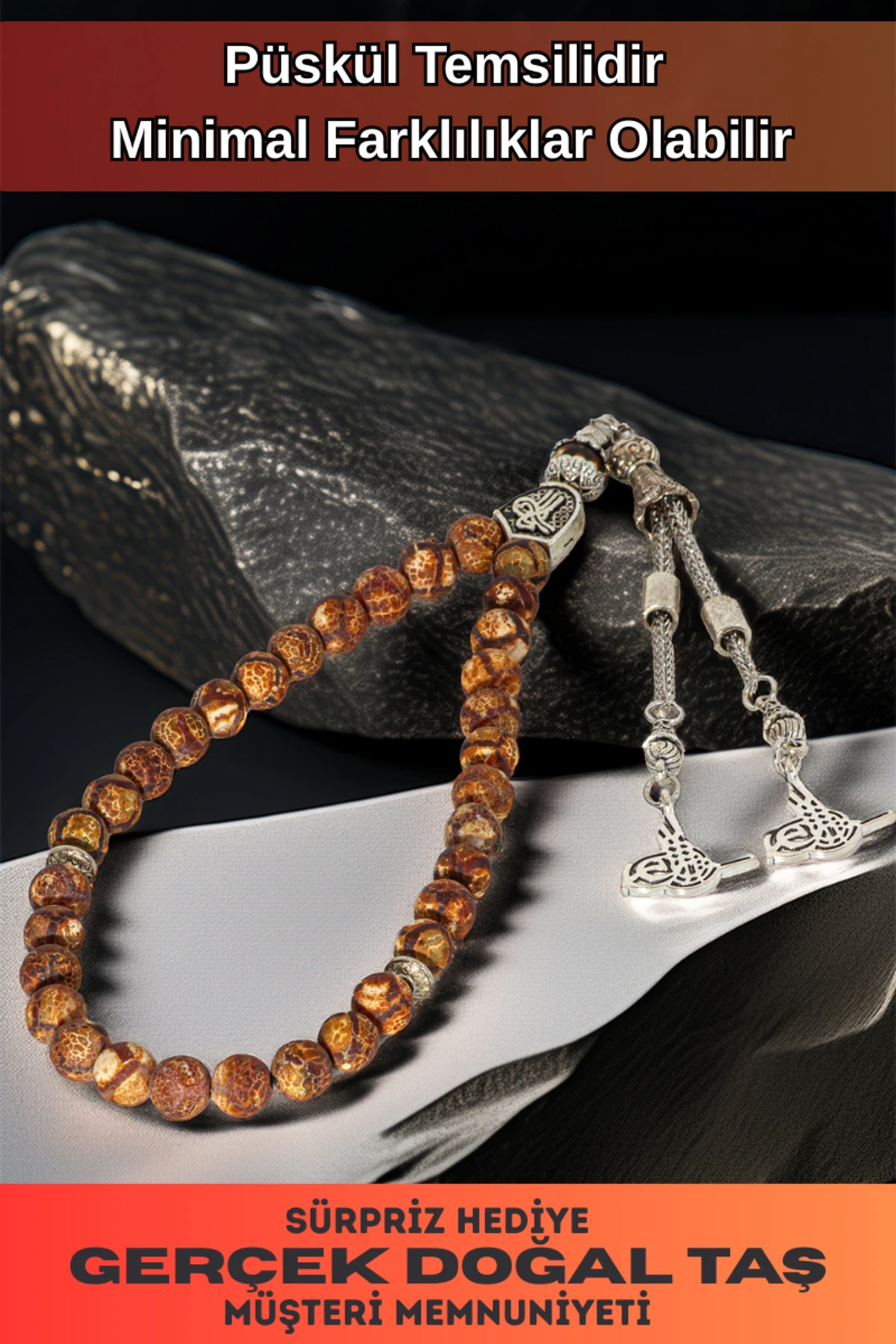 Erkek Doğal Taş Tespih - Doğal Kahverengi Tibet Akiği Taşlı Ortaboy Tesbih