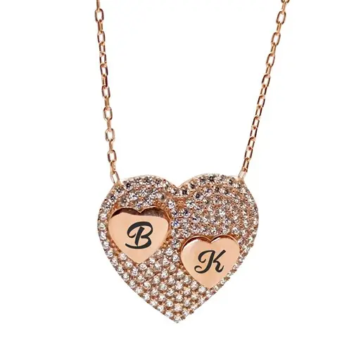 Personalized Initial Heart Rose Color Women's Silver Necklace