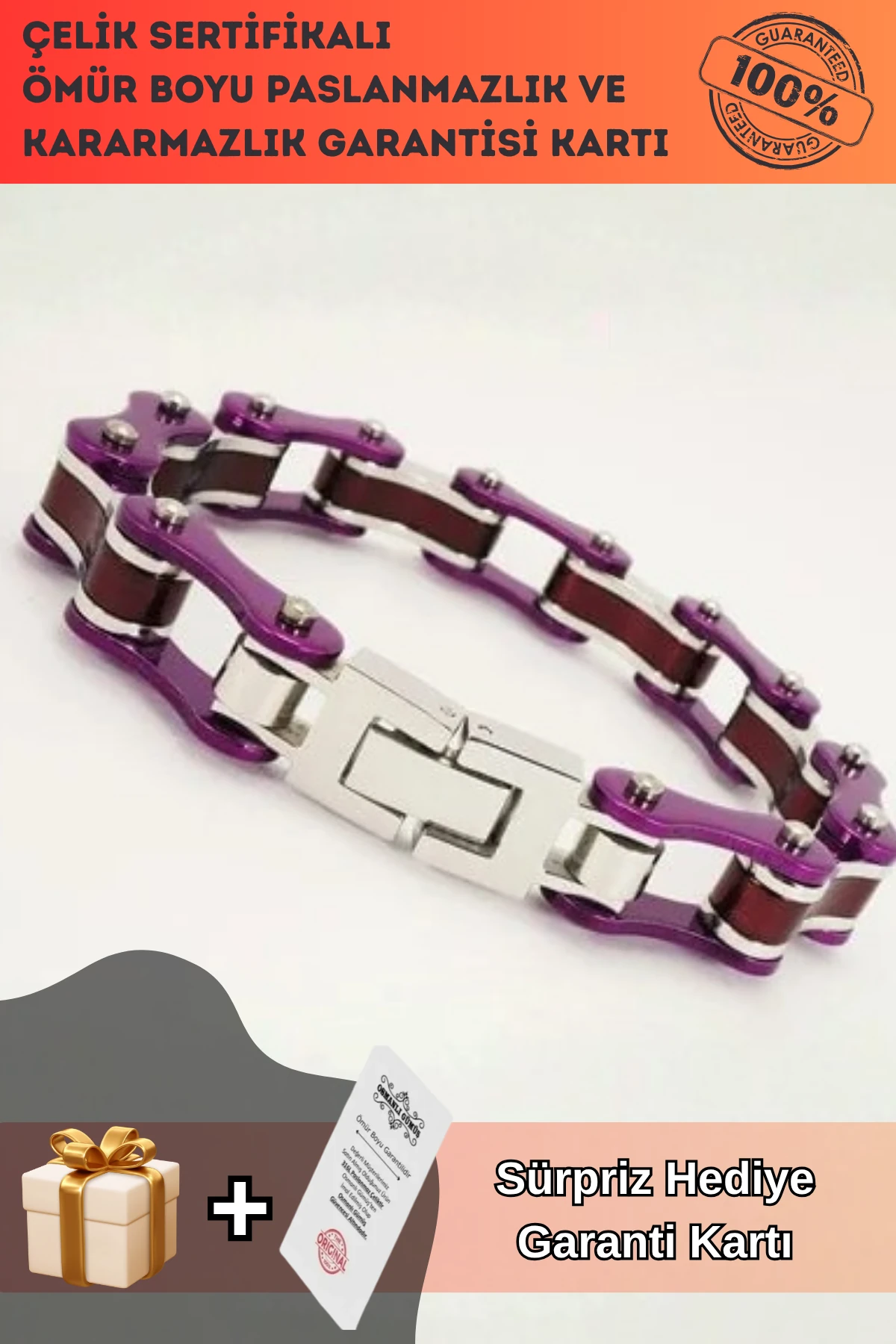 Bisiklet Motosiklet Zinciri Erkek Bayan Çelik Bileklik Mor Bordo