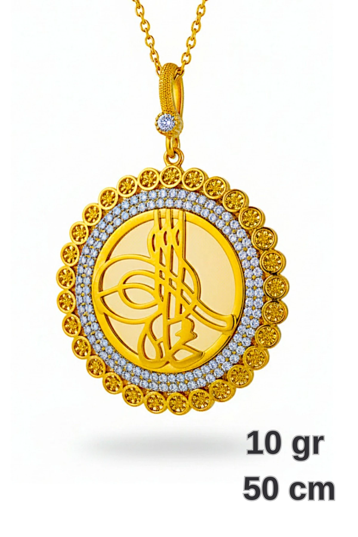 Kadın Gümüş Kolye - Osmanlı Tuğrası Motifli 22 Ayar Altın Kaplama Zirkon Taşlı Gümüş Kadın Kolye