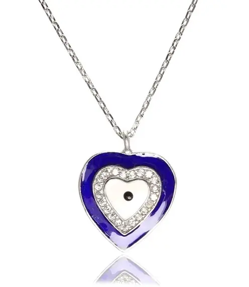 Heart Evil Eye Amulet Blue Women's Silver Necklace Small