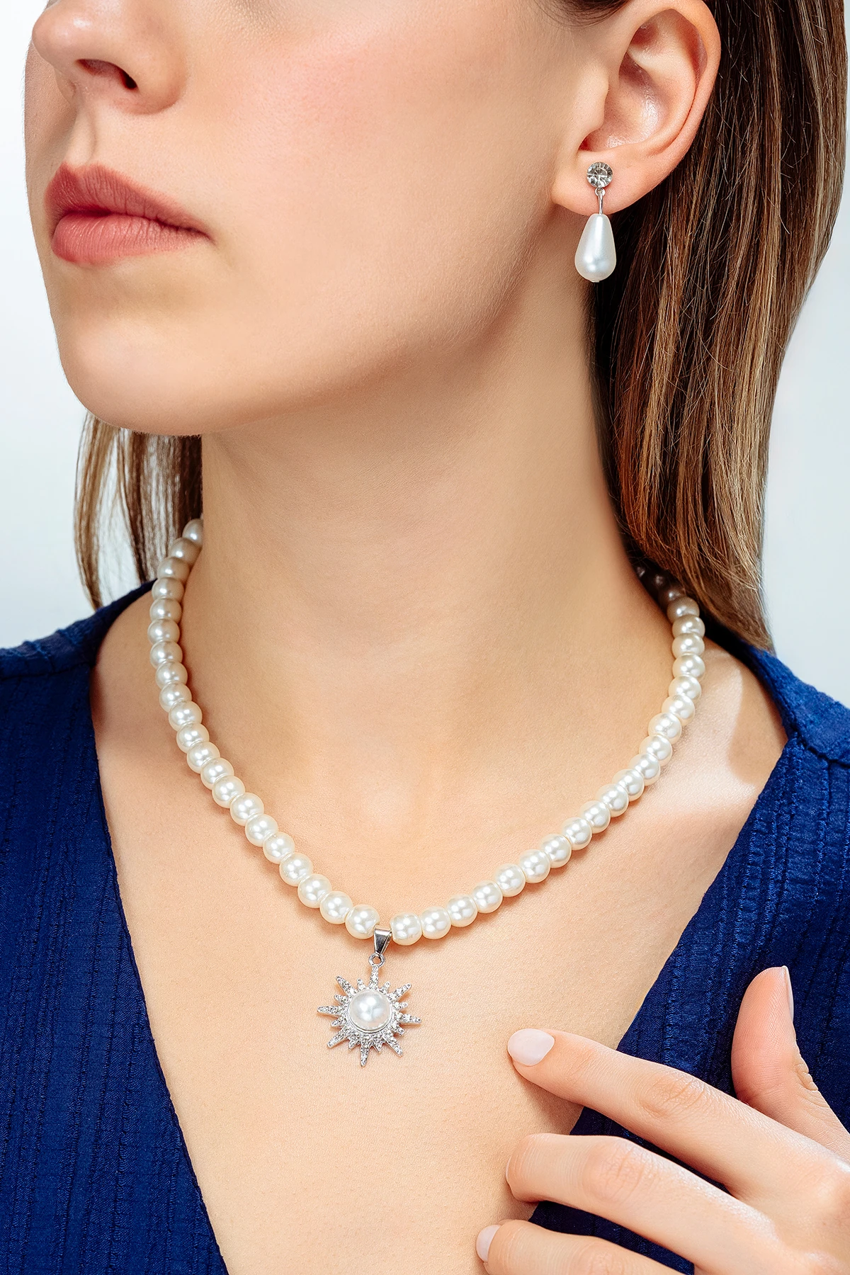 Kadın İnci Kolye Küpe Set - Solara Model Çiçek Motifli Kadın İnci Set