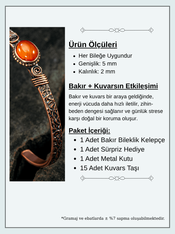 Bakır Kelepçe Bilezik Kırmızı Akik Doğal Taşlı Erkek Kadın Kuvars Taşı ve Metal Kutulu