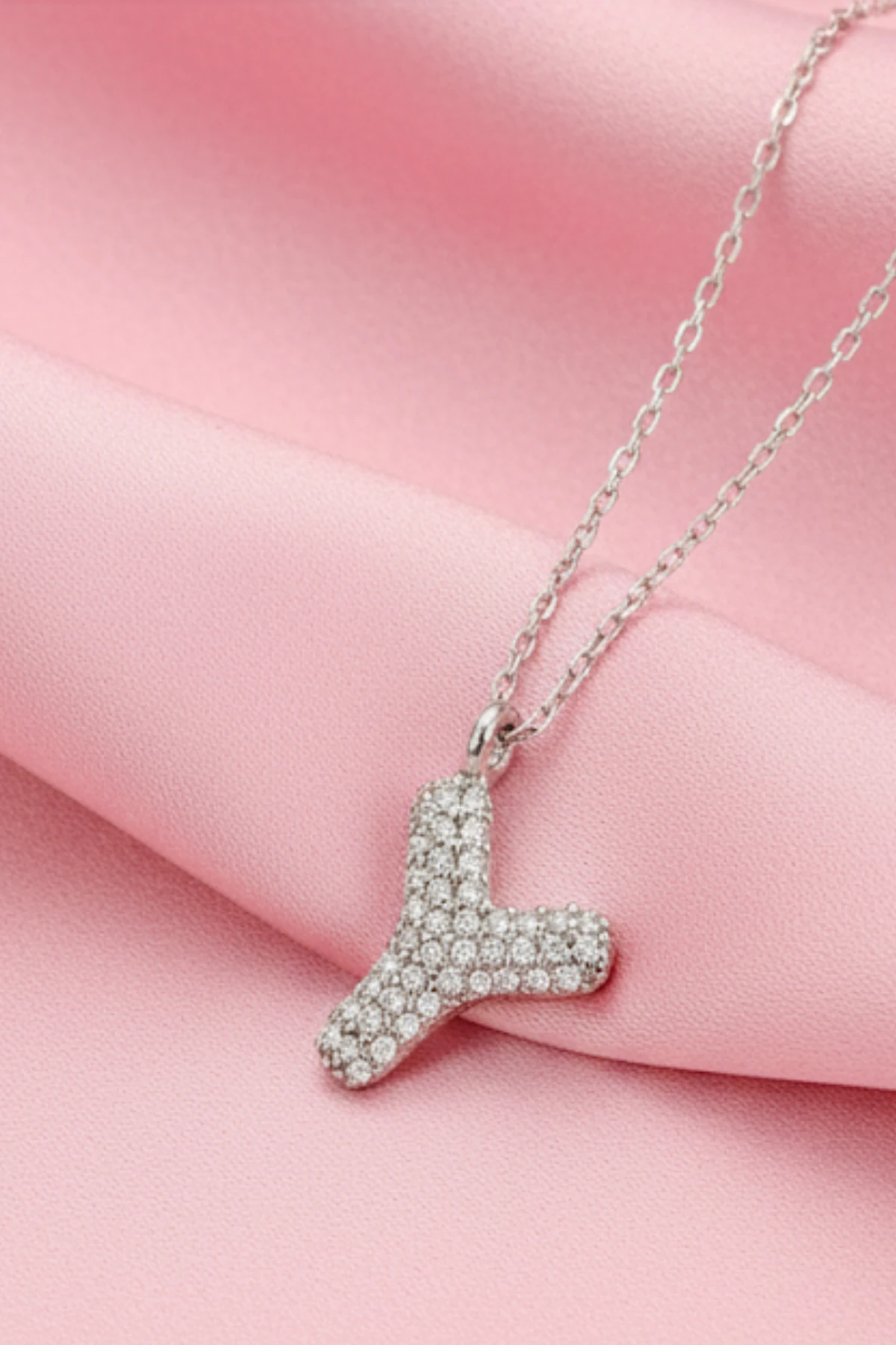 Kadın Gümüş Kolye - 925 Ayar Zirkon Taşlı Balon Y Harfi Bayan Kolye