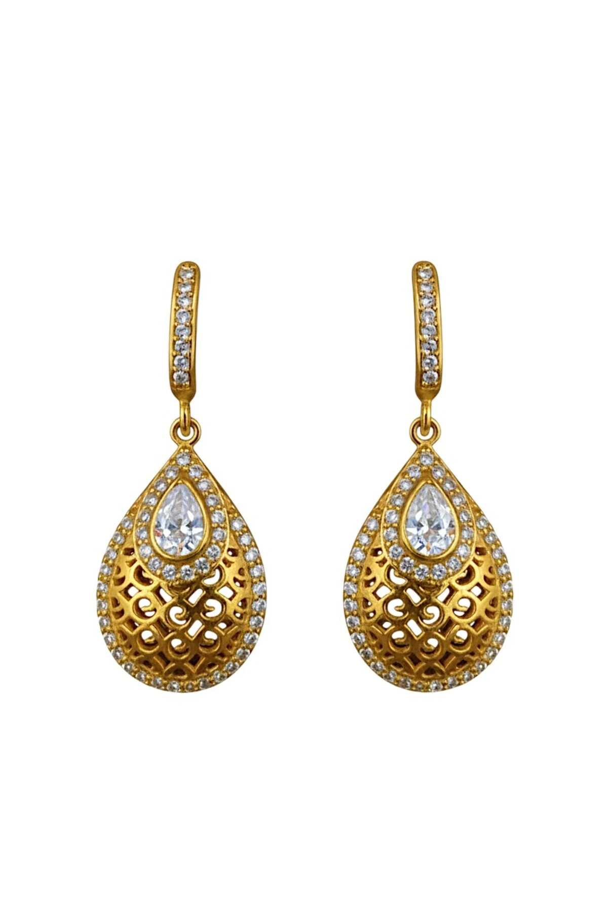 Kadın Gümüş Kolye Yüzük Küpe Set - Damla Model 22 Ayar Altın Kaplama Zirkon Taşlı Gümüş Set