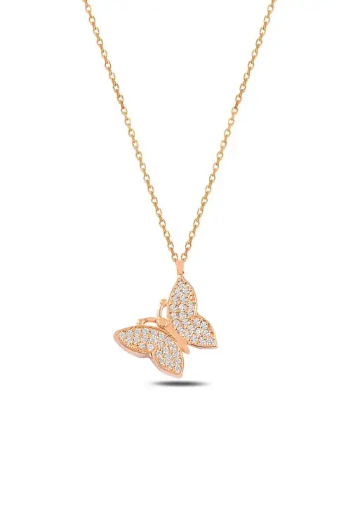 Women's Silver Necklace Rose Gold Plated Zircon Stone-set Butterfly Figured Silver Necklace