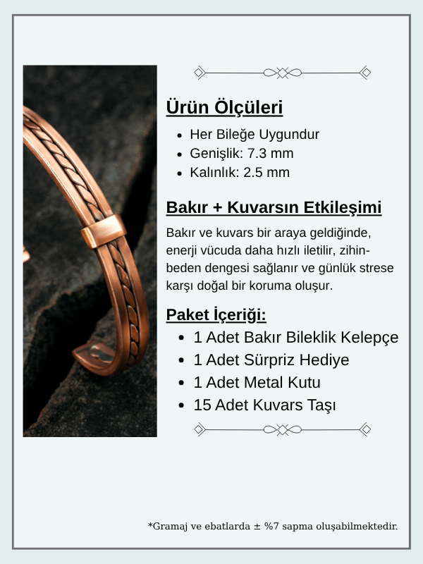 Kadın Erkek Saf Bakır Bileklik Hasır Model Metal Kutu Kuvars Taşlar