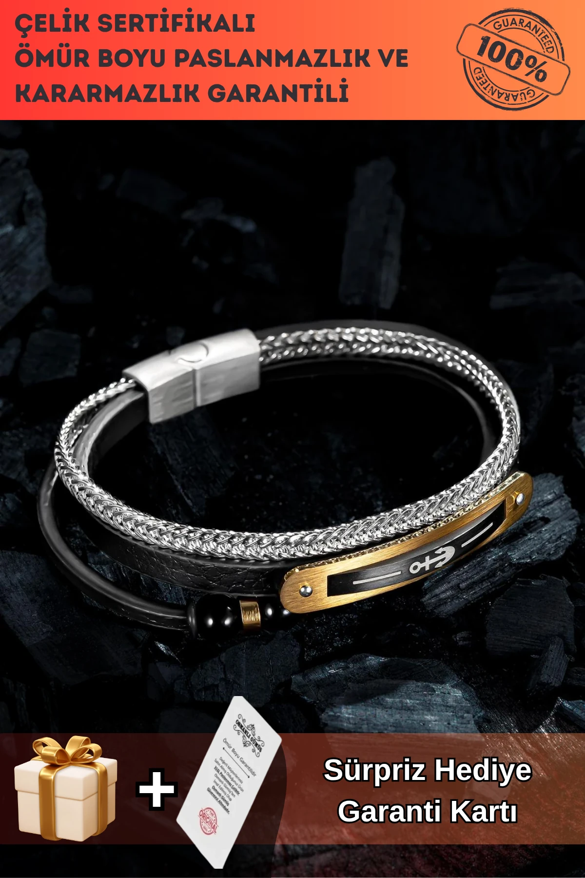 Doğal Oniks Taşlı Deri Çelik 3 lü Erkek Bileklik Altın Kaplama Renk Çapa Motifli