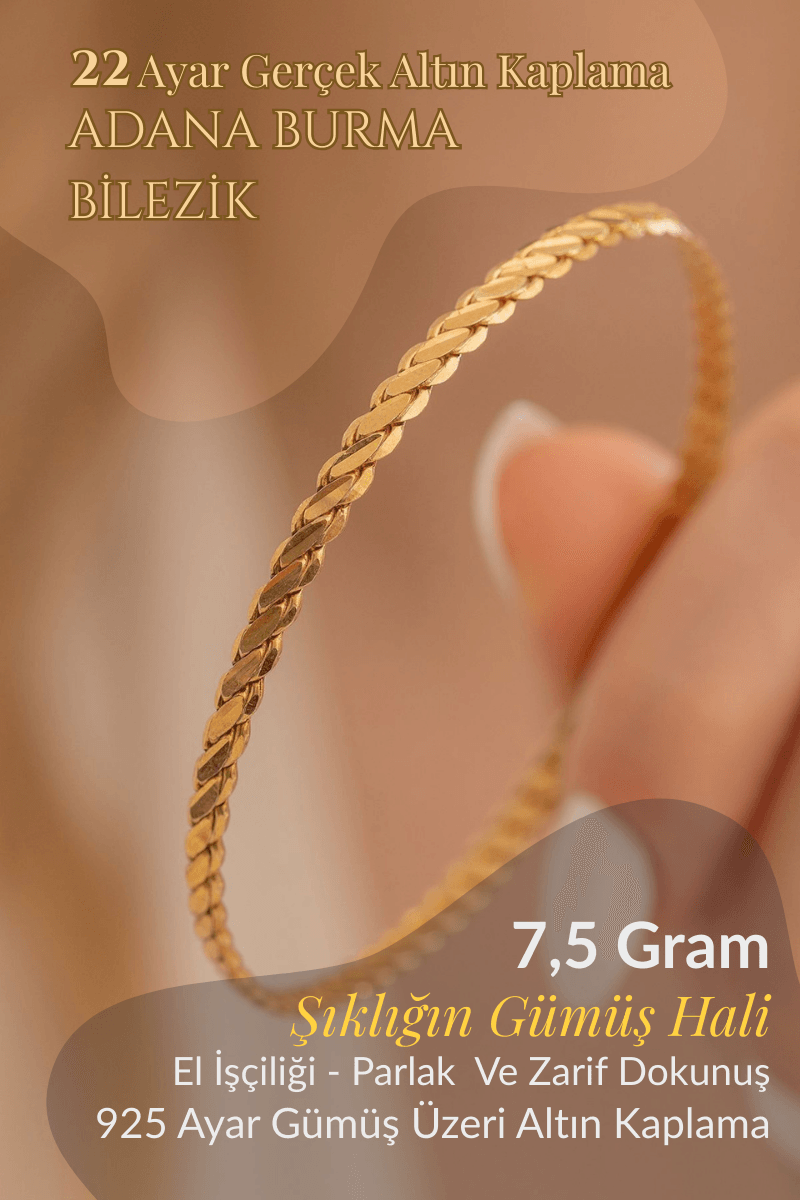 Kadın Gümüş Bileklik - Adana Burma 7,5 gr 22 Ayar Altın Kaplama Gümüş Bilezik