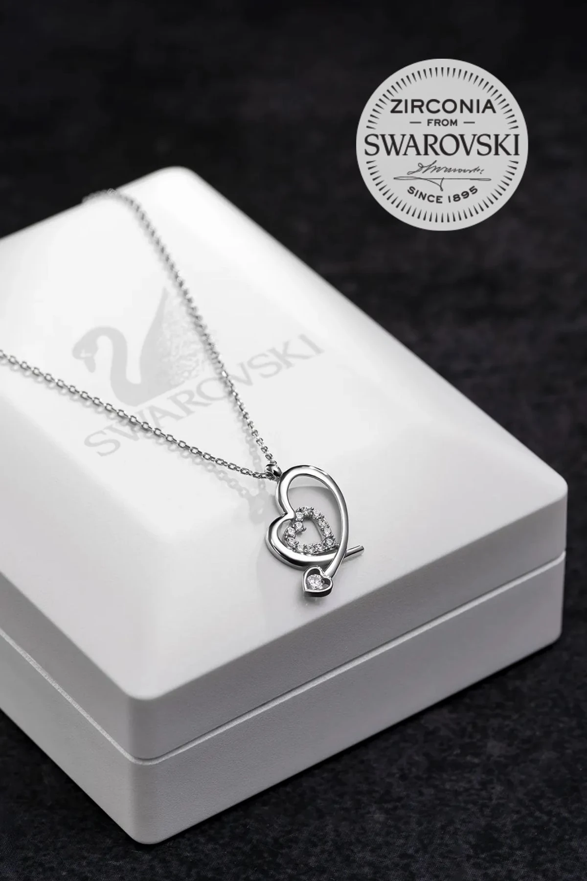 Kadın Gümüş Kolye - Swarovski Taşlı Zirconia Çift Kalpli Motifli Kadın Kolye