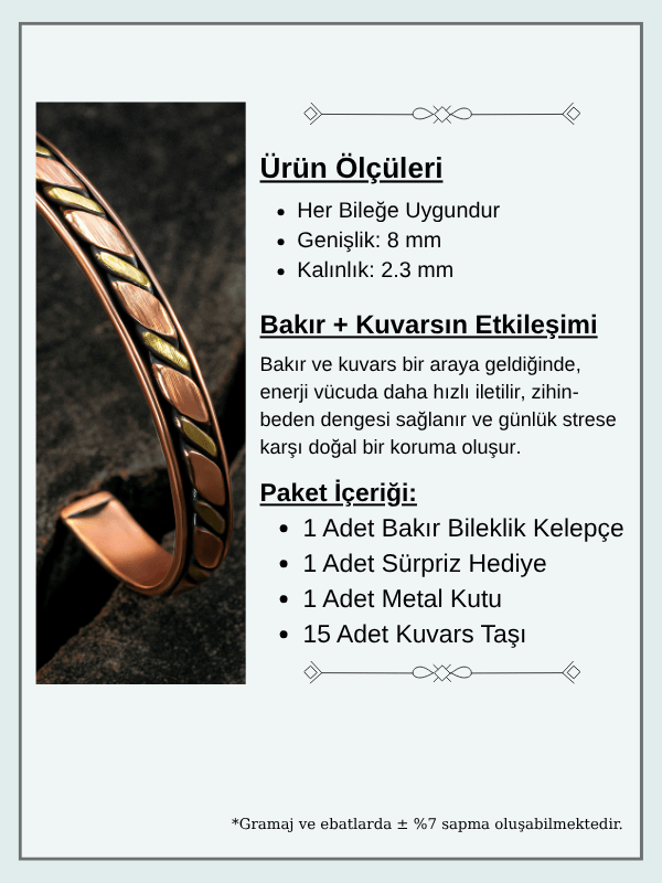 Copper Drop Bakır Kelepçe Bilezik Erkek Kadın Kuvars Taşı ve Metal Kutulu