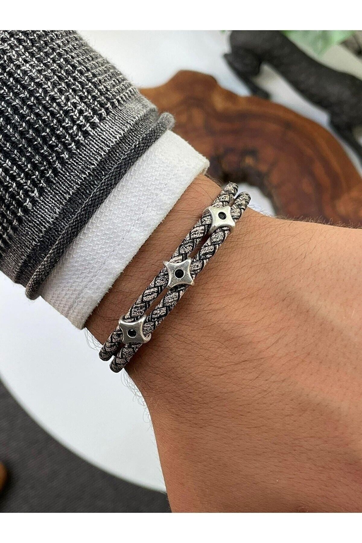 Erkek Zebra Model Zirkon Taşlı Üçlü Ninja Yıldızı Shuriken Çift Hakiki Deri Bileklik