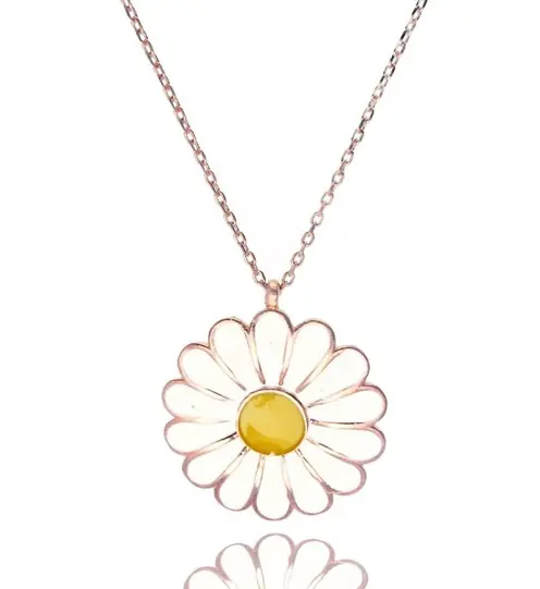 Daisy White Yellow Enamel Rose Bakır rengi Women's Silver Necklace