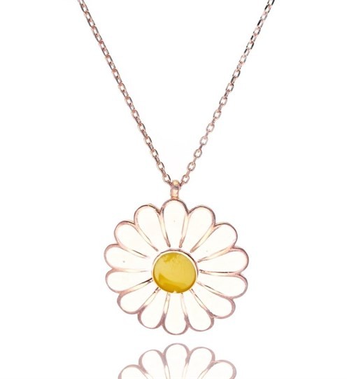 Papatya Modeli Beyaz Sarı Mineli Rose(Bakır rengi) Bayan Gümüş Kolye