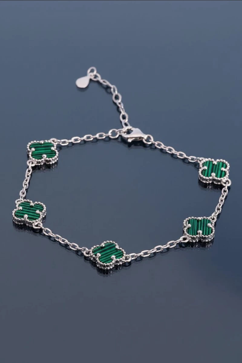 Erkek 925 Ayar Gümüş Yeşil Malahit Taşlı Yonca Model Zincir Bileklik