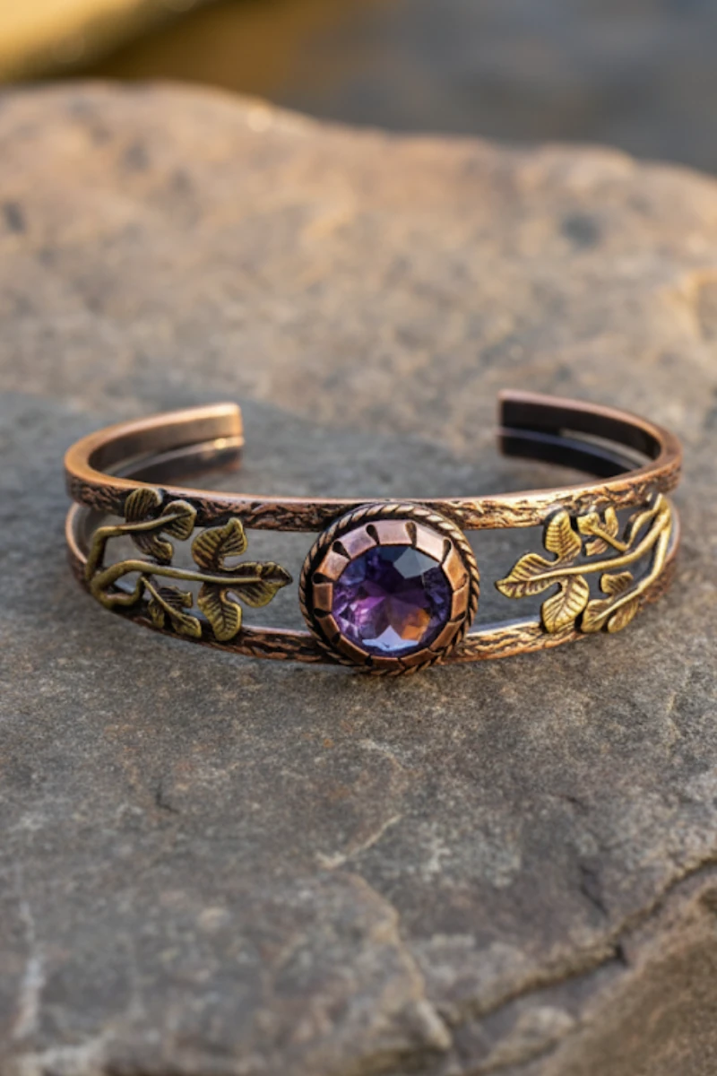 Mor Ametist Taşlı Antik Bakır Kadın Bileklik – Metal Kutu Ve Doğal Taşlar