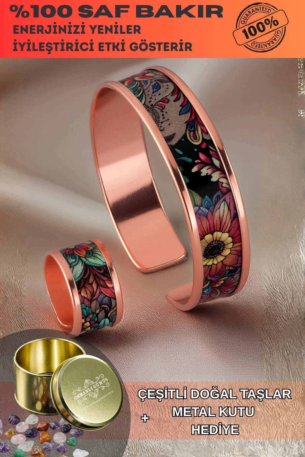 Kadın Bakır Bileklik Yüzük Set - Ahri Model Özel Baskı Metal Kutu Ve Doğal Taşlar