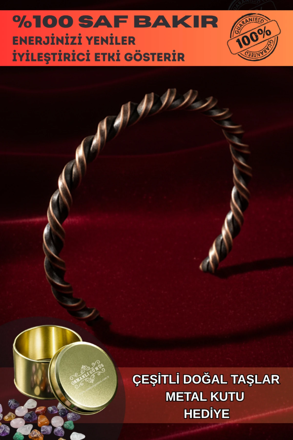 Tork Model %100 Saf Bakır Erkek Kadın Bileklik – Metal Kutu ve Doğal Taşlar