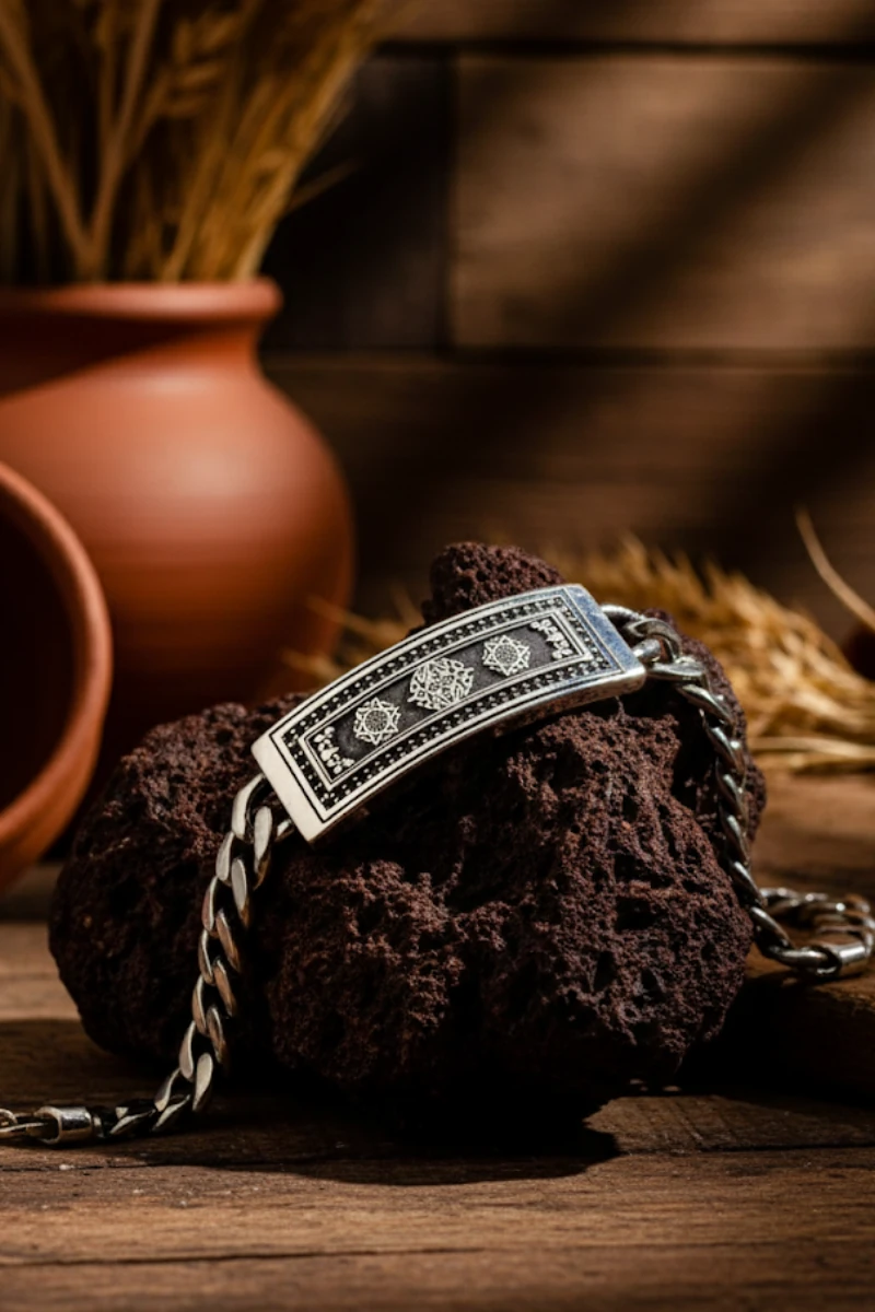 Erkek Gümüş Bileklik - Süleyman Mührü İşlemeli Künye 925 Ayar Erkek Gümüş Bileklik