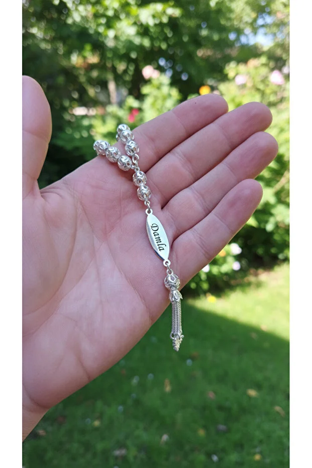 Erkek Gümüş Tespih - Çift Yön İsim Yazılabilir 925 Ayar Delikli Parlak Küre Kesim Tesbih Bilek Boy