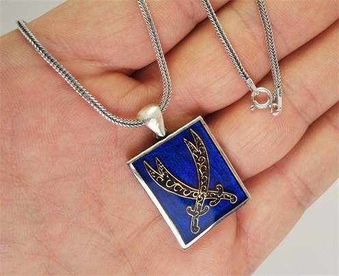 Mavi Mineli Çift Zülfikar Erkek Gümüş Kolye Zincir Orta Boy