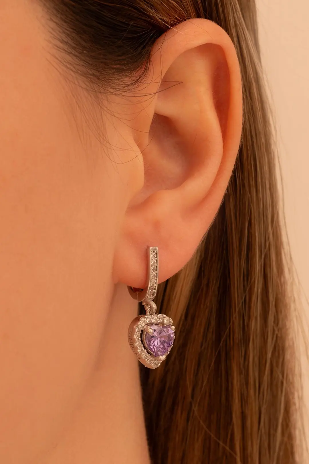 Women's Silver Earrings Heart Amethyst Stone-set Zircon Süslemeli Rhodium-Plated Women's Earrings