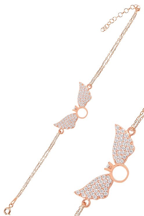 Zirkon Taşlı Rose Tektaşlı Melek Kanadı Gümüş Kadın Bileklik GBLTKTSKND1-ROS
