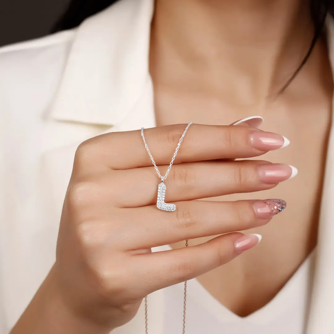Women's Silver Necklace L Letter Zircon Stone-set Balon Letter Women's Necklace