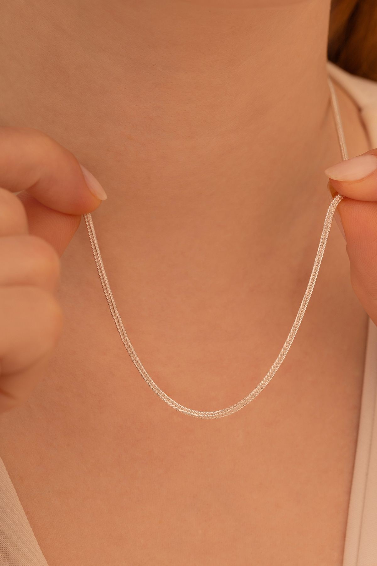 Kadın Gümüş Kolye - 2 mm Beyaz Tilki Kuyruğu Zincir Gümüş Kadın Kolye