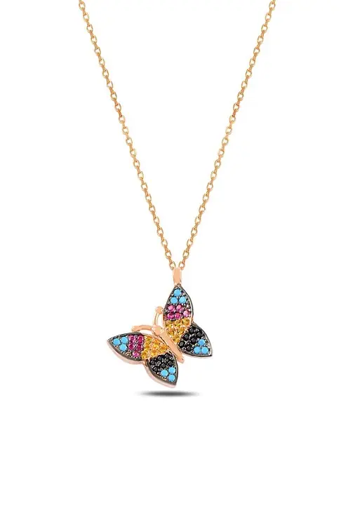 Women's Rose Mix Stone-set Rose Color Butterfly Necklace
