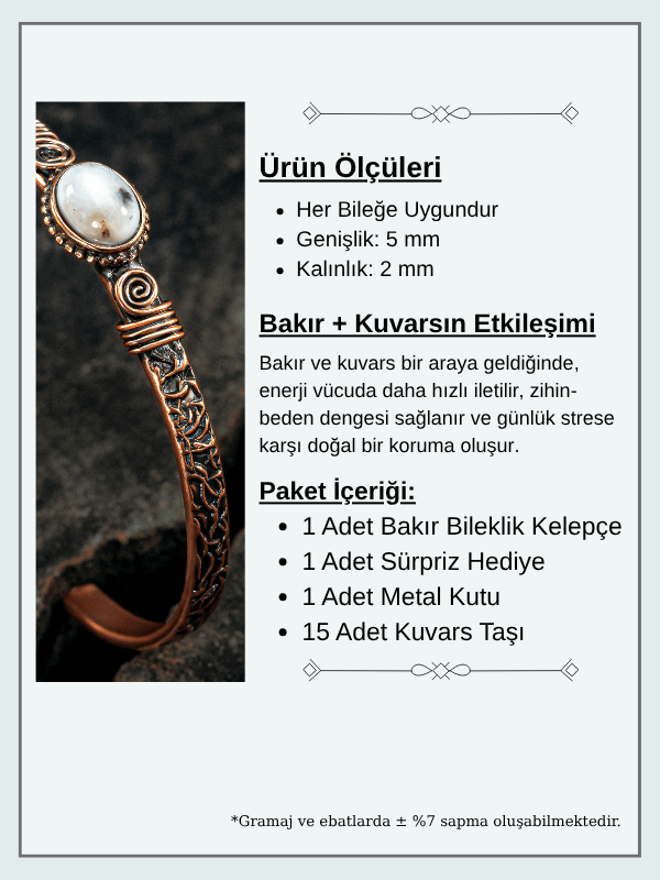 Bakır Kelepçe Bilezik Kristal Kuvars Doğal Taş Erkek Kadın Kuvars Taşı ve Metal Kutulu