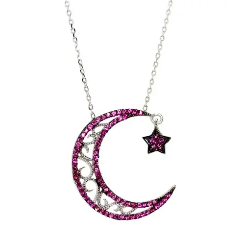 Red Zircon Stone-set Star and Crescent Women's Silver Necklace
