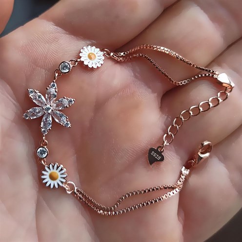 Rose Rengi Nergis Çiçeği Zirkon Taşlı Bayan Gümüş Bileklik