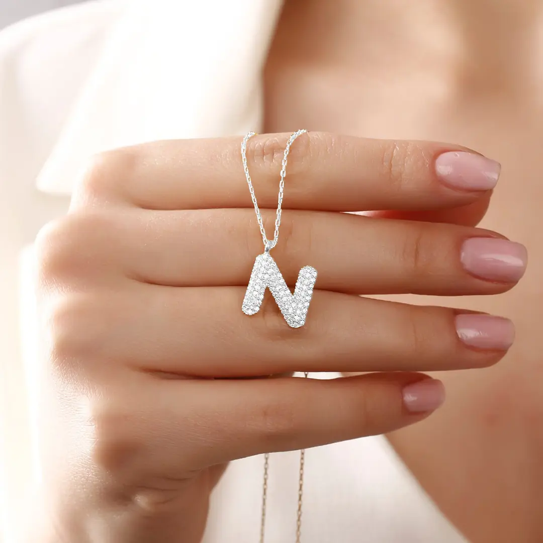 Women's Silver Necklace N Letter Zircon Stone-set Balon Letter Women's Necklace