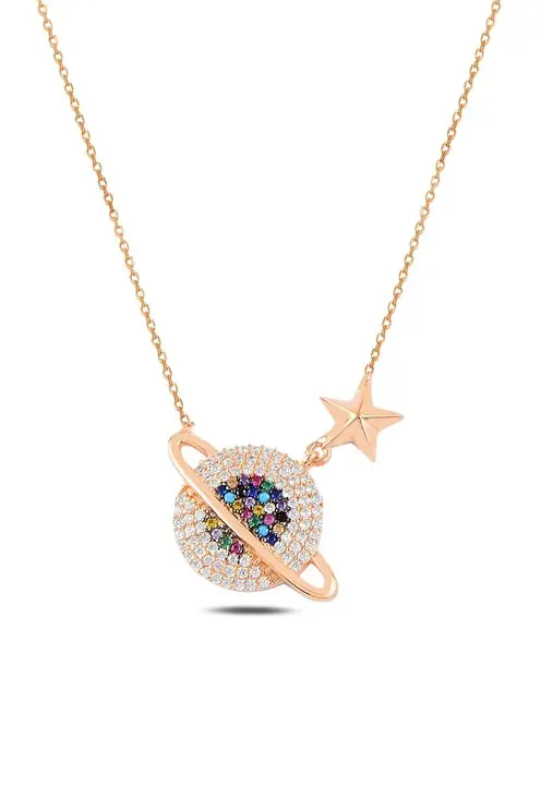 Mix Stone-set Rose Star Satürn 2 Silver Women's Necklace GKLSTRNMDL2-ROS