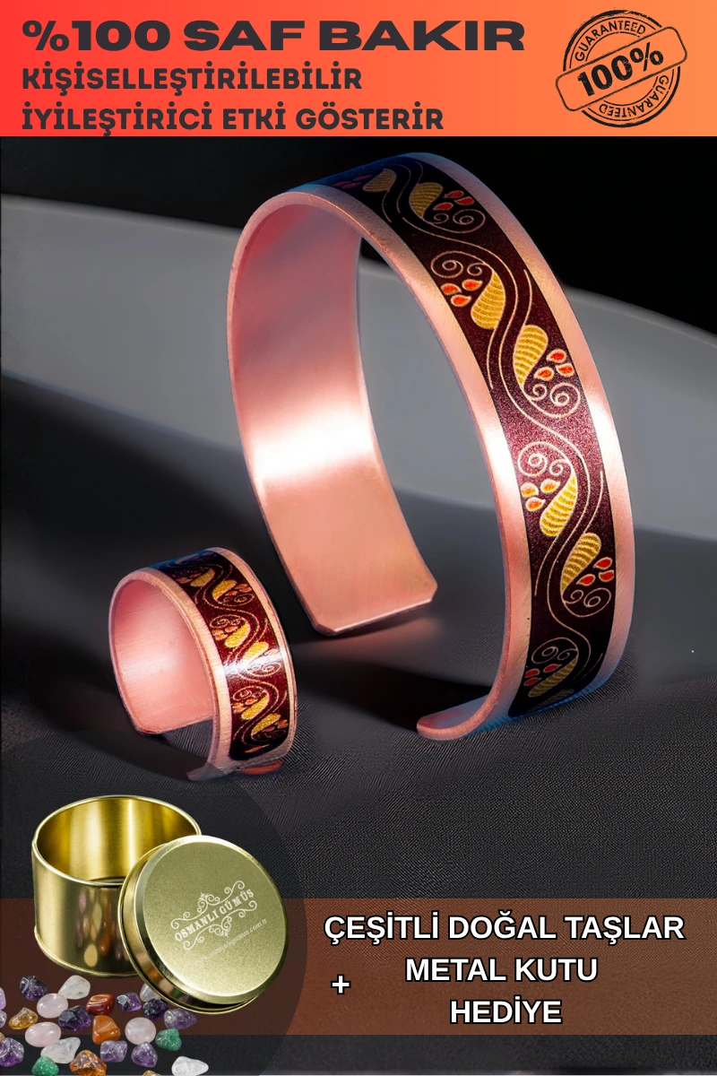 Kadın Bakır Bileklik Yüzük Set - Sonbahar Model Özel Baskı Metal Kutu Ve Kuvars Taşı