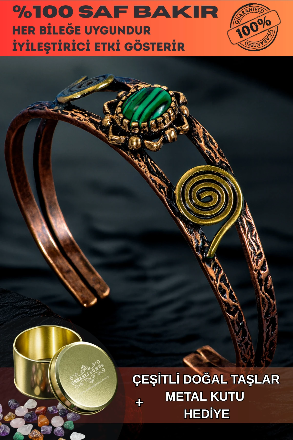 Kadın Bakır Bileklik - Yeşil Malahit (Malakit) Doğal Taşlı Otantik Model El İşçiliği Tasarım Bilezik