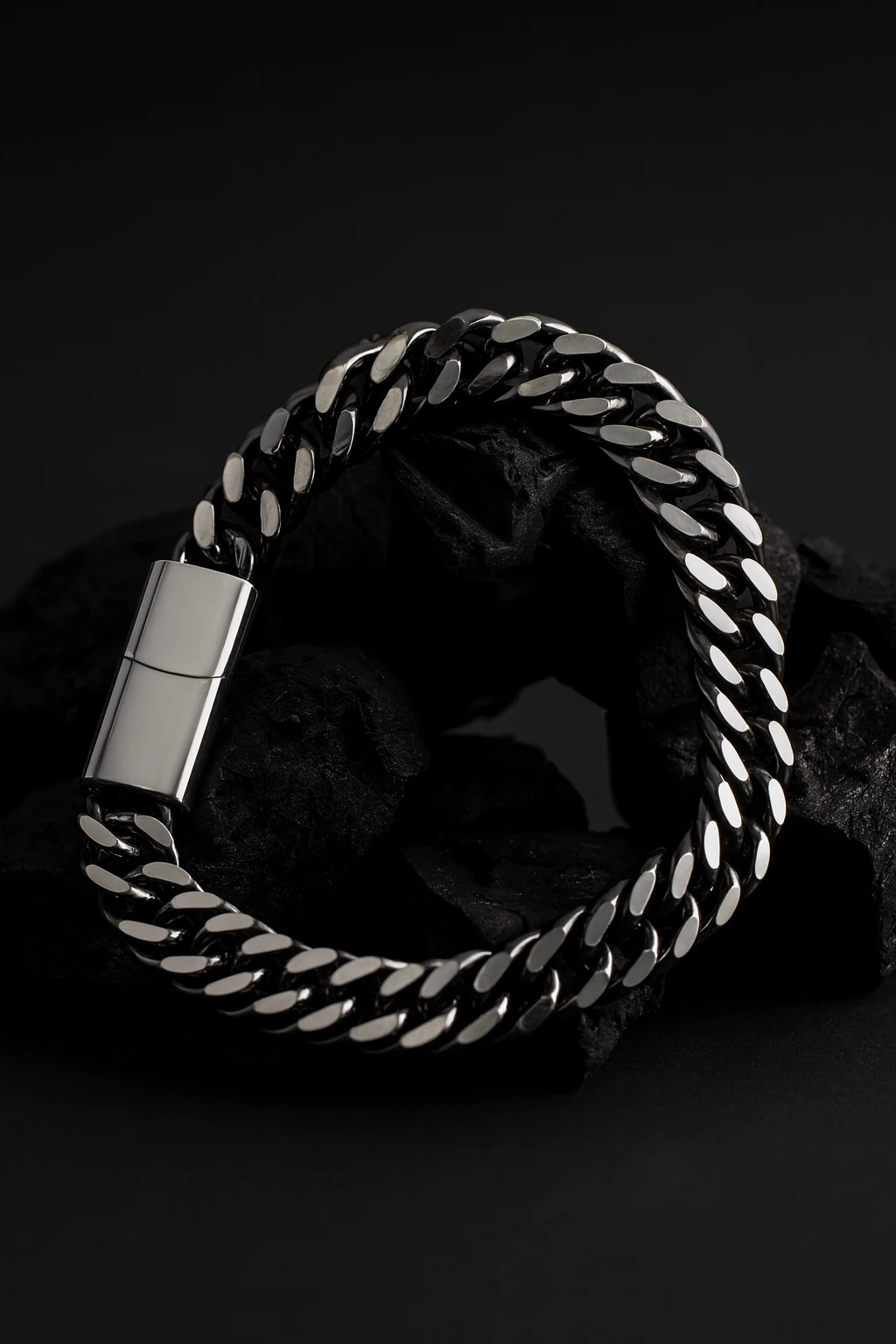 Erkek Çelik Bileklik - Yassı Gurmet Zincir Oksitli Model Siyah Renk Erkek Bileklik