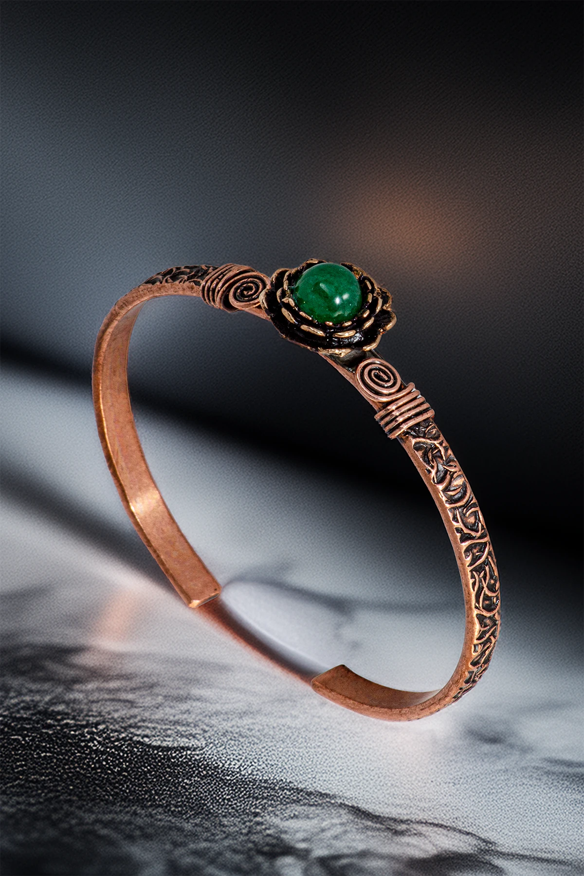 Kadın Bakır Bileklik Yüzük Set - Yeşil Akik Taşı Ağaç Kabuğu Model İnce Metal Kutu Kuvars Taş